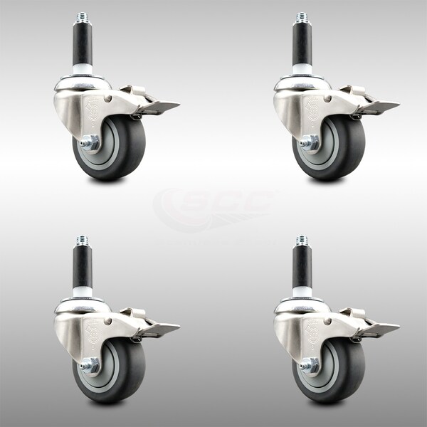 Service Caster 3 Inch 316SS Thermoplastic Rubber Swivel 7/8 Inch Stem Caster Set Lock Brake SCC-SS316TTLEX20S314-TPRB-78-4 - main